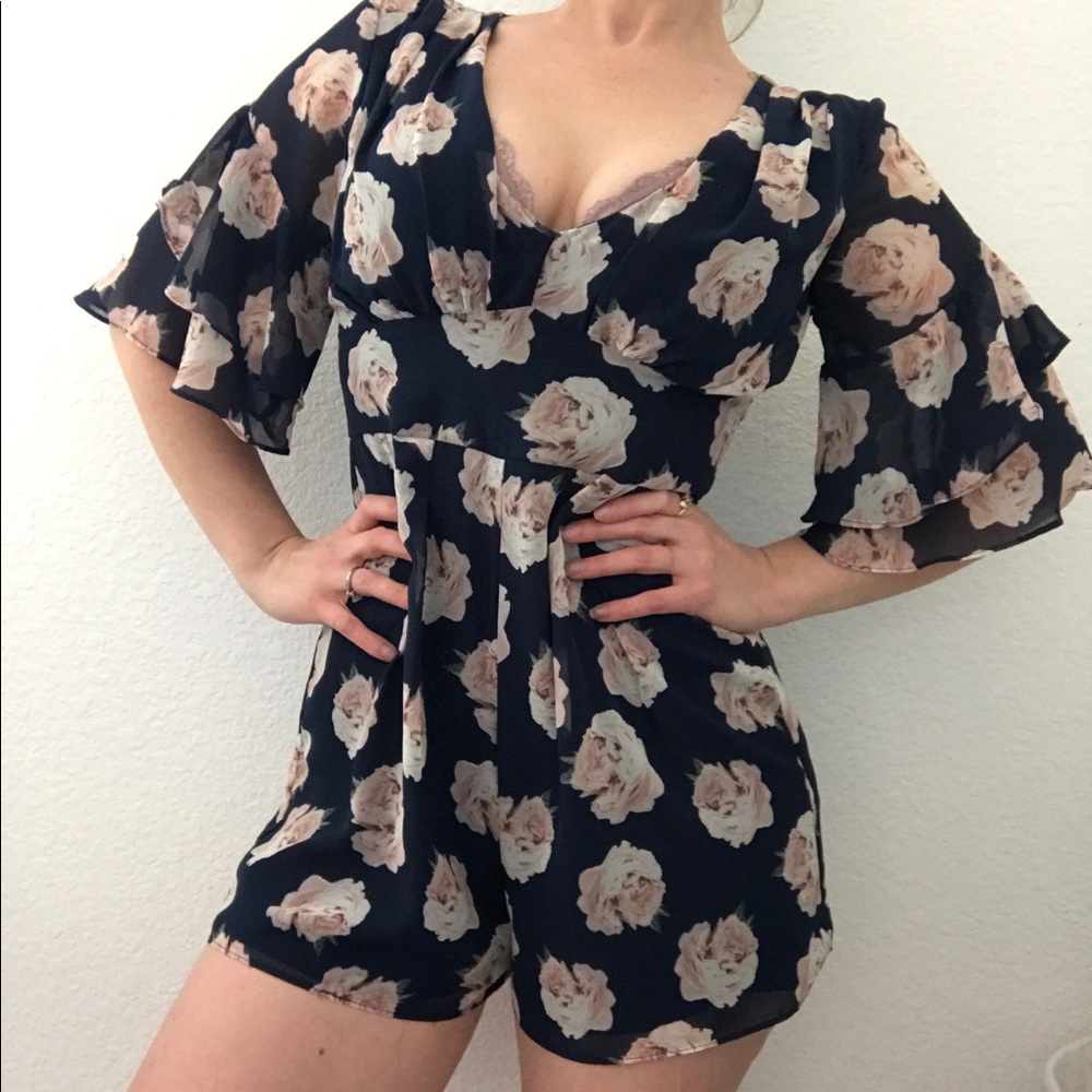 TopShop Floral Romper - V-Neck Rose Pattern Blue